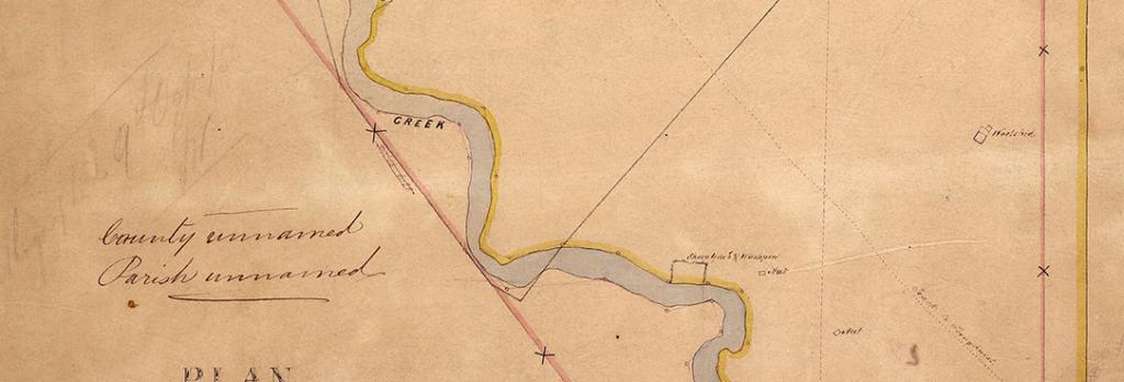 Figure 2: Frederick Byerley’s survey of the Boort pre-emptive right in 1857 marked in pink, which includes both sides of Kinypanial Creek. The yellow line shows the new pre-emptive allotment surveyed by Frederick Harding in 1862, with the right bank of the creek forming the boundary. PROV, VPRS 8168, Historic Plan Collection, P0007, PR: L41, Boort: Lake Boort.